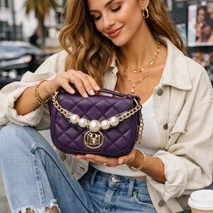 Badgley Mischka Quilted Pearl Chain Mini Shoulder Bag Purple